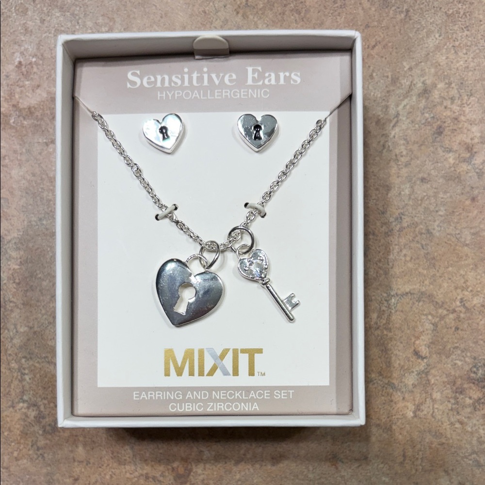 Mixit Silver Heart and Key Necklace Set